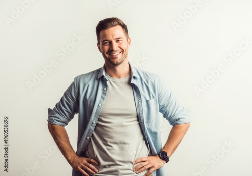 Confident happy man smiling with hands on hips with t shirt