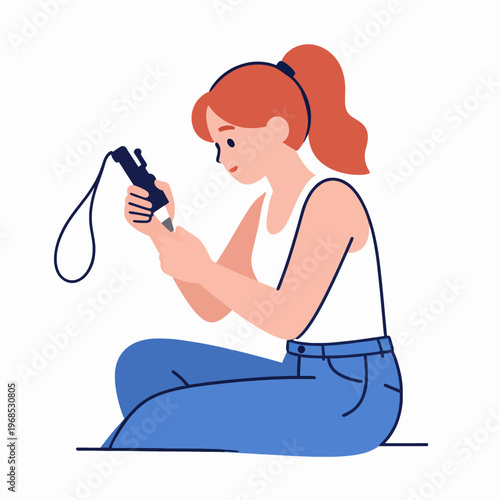 Professional Caucasian female tattoo artist with red hair and tattoos working, adult woman in white tank top holding a tattoo machine tool, creative professional in a studio setting, focused mood.