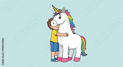 A cartoon young boy in a yellow shirt hugging a magical white unicorn friend