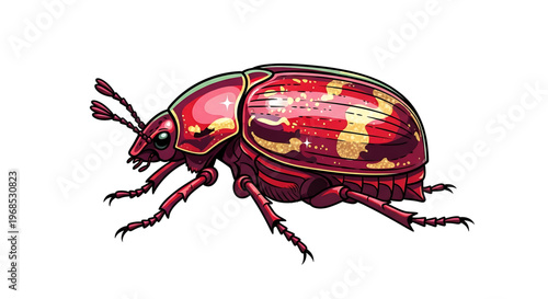 A vibrant red beetle with gold accents, illustrated in a modern flat design style.