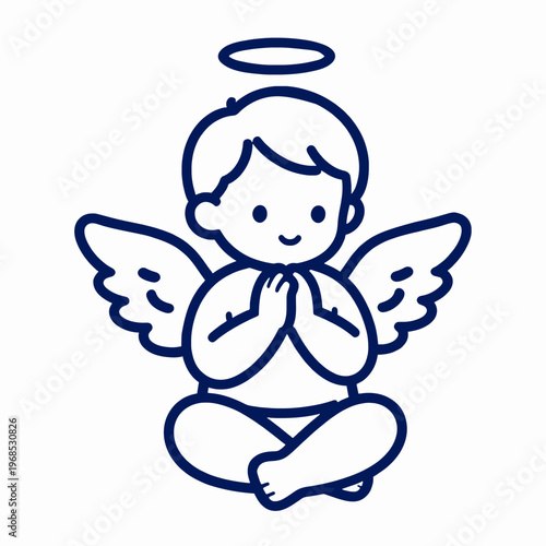 A peaceful White baby angel cherub with wings and halo sitting and praying, spiritual celestial character in a flat vector style, innocent child in a heavenly mood isolated on white background.