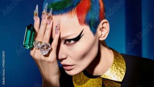 Portrait of a Woman with Rainbow Hair and Bold Graphic Eyeliner