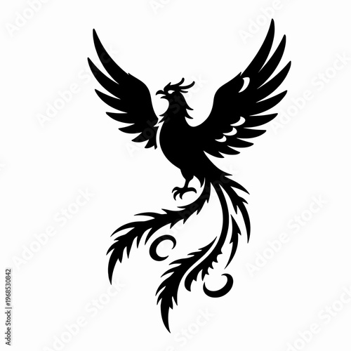 Majestic Phoenix Bird in Mid-Flight Flat Vector Illustration, Tribal Tattoo Style Black Silhouette Soaring Upwards with Flowing Feathers, Minimalist Mythical Creature Graphic Isolated on White