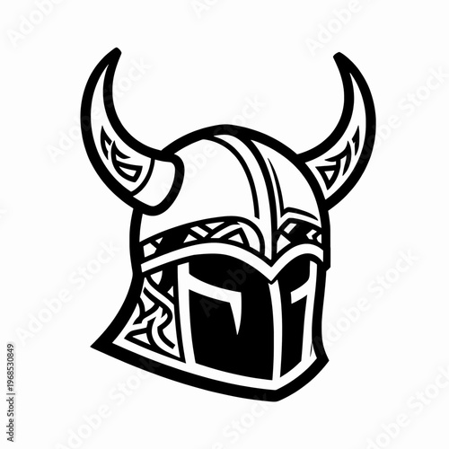 Ornate Viking Helmet Vector Illustration with Curved Horns and Celtic Knotwork, Intricate Warrior Headgear Flat Icon Isolated on White Background for Norse Mythology and History Concepts