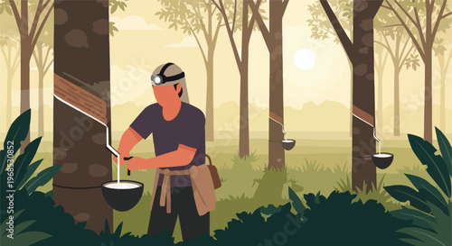 A worker harvests natural latex rubber from tree trunks in a sunny forest area