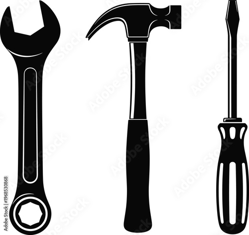 Silhouette icons of wrench, hammer, screwdriver, protective gloves, scissors, hatchet, putty knife, flashlight, paintbrushes, construction tools, repair equipment, DIY