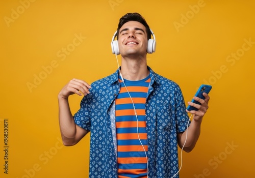 Happy man enjoying music with headphones and smartphone