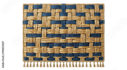 Cuadro en lienzo Square denim and woven raffia wall art with fringe