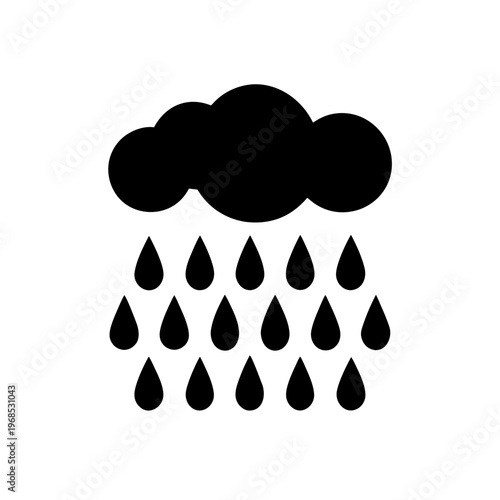 Black silhouette of a cloud raining droplets onto a white background