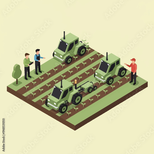 Isometric Smart Farming with Autonomous Tractors and Farmers.