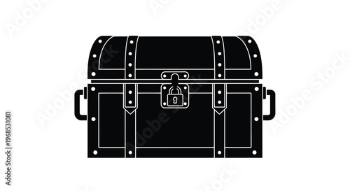 A black and white illustration of a closed treasure chest with a lock