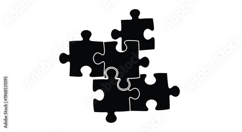 Four black puzzle pieces connected against a white background depicting unity