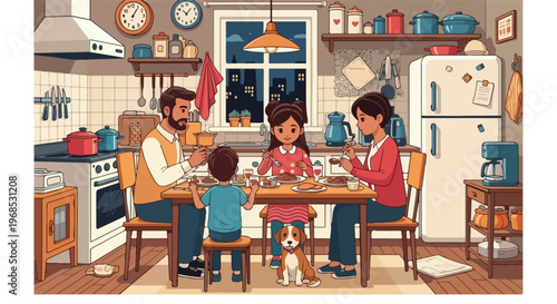 A family eating dinner together in a cozy, warm, and well-lit home kitchen area