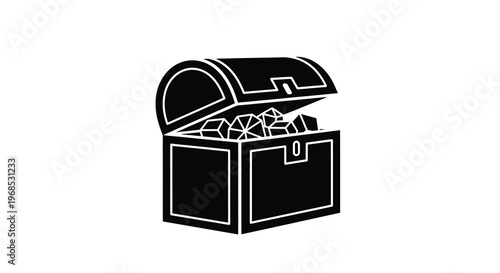 A simple black and white illustration of an open treasure chest with gems