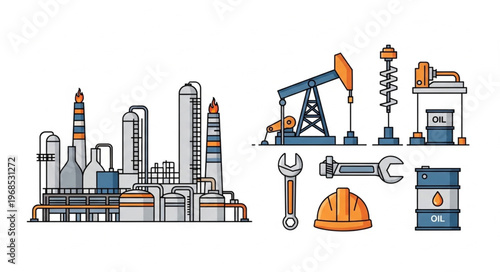 Oil and Gas Industry Illustration - Refinery, Pumpjack, and Tools.