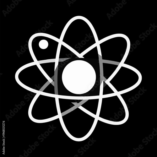 Minimalist flat vector illustration of a single stylized orbital atom with white geometric lines and circular nucleus representing science and physics concepts on a dark background