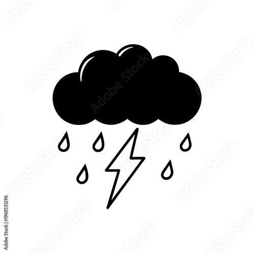 A black and white graphic of a storm cloud with lightning and rain