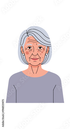A digital illustration of an elderly woman with short grey hair and freckles