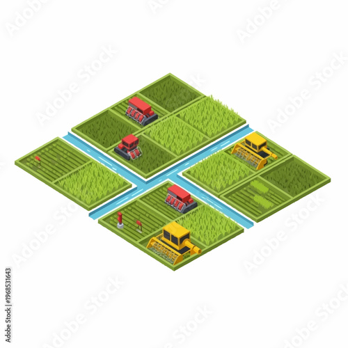 Isometric view of agricultural fields with combine harvesters and irrigation canals.