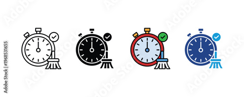 Stopwatch with broom and check mark icon set. Fast cleaning service, efficient housekeeping, and timed maintenance symbols in multiple styles. Vector Illustration.