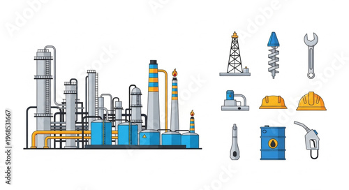Oil Refinery and Industrial Equipment Illustration Set.