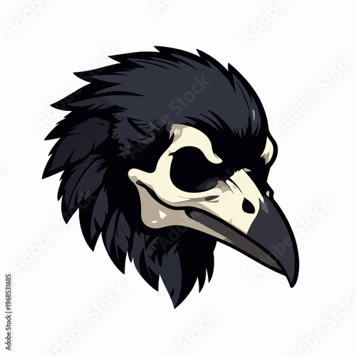 Stunning flat vector illustration of a single raven skull with dark feathers, mystical bird cranium in woodcut engraving style, gothic nature concept isolated on white background, avian anatomy