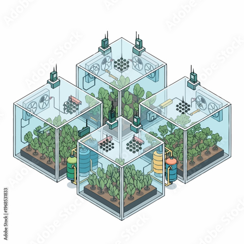 Isometric view of four indoor plant cultivation grow boxes.