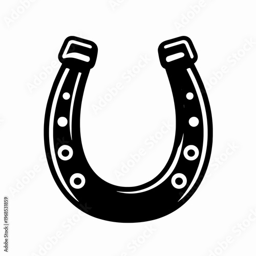 Single vintage ornate horseshoe vector icon, black and white lucky charm symbol, flat minimalist metallic equestrian equipment graphic for luck and protection concept, isolated on white.