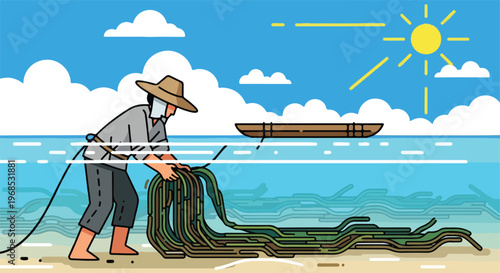An illustration of a person harvesting green seaweed on a bright sunny beach