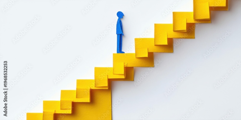 Fototapeta premium Minimalist image depicts blue figure ascending yellow paper steps. Symbolizes progress, challenge, ambition, success. Clean aesthetic.
