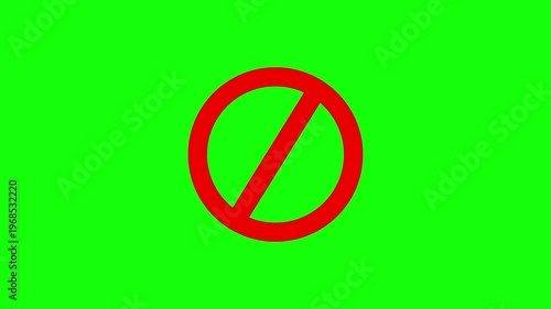 A bright green background features a red circle with a diagonal slash
