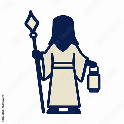Mystical Elderly White Man Hermit Character in Minimalist Flat Vector Style, Wise Senior Male Holding Lantern and Staff Indoors, Spiritual Concept Art, Solitude and Wisdom Illustration