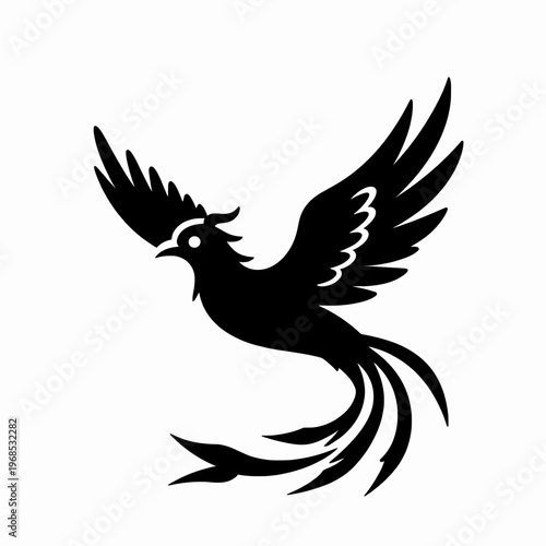 Minimalist Black Phoenix Bird Icon, Flat Vector Illustration of a Flying Mythical Creature with Elegant Long Tail and Sharp Wings, Graceful Silhouette Concept Isolated on White Background