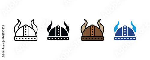 Ancient viking helmet with horns warrior headgear icon set. Norse mythology and medieval combat armor symbols in multiple styles. Vector Illustration.