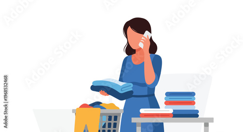 A woman in a blue dress talks on her phone while folding a pile of clean laundry