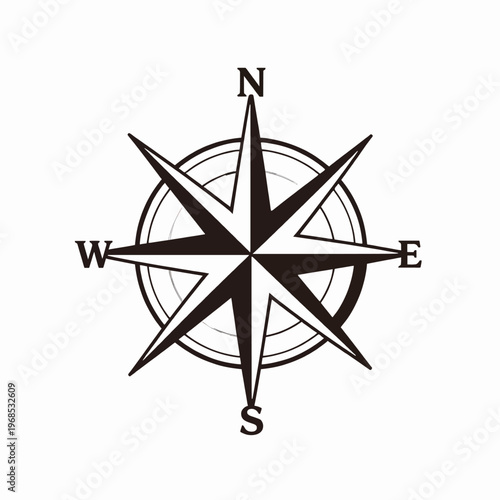 Vintage Black and White Flat Vector Nautical Compass Rose Icon with Cardinal Directions North South East West Isolated on White Background for Navigation and Maritime Design