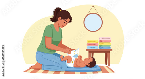 A mother changing a diaper on a baby on a mat in a nursery with room decor