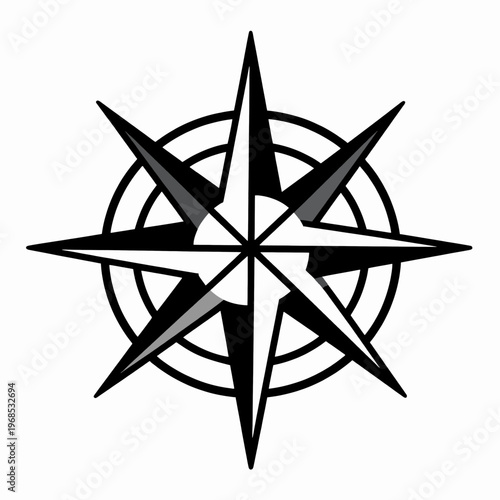 Mystical Viking Vegvisir Compass Symbol, Intricate Norse Mythology Runic Wayfinder for Protection and Guidance, Minimalist Black and White Flat Vector Illustration Isolated on White Background