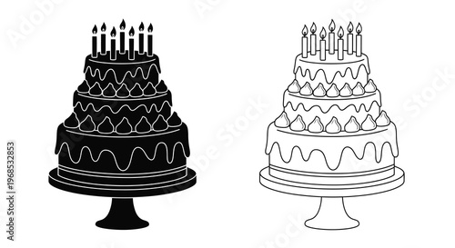 Two tiered birthday cakes with lit candles black and white illustration