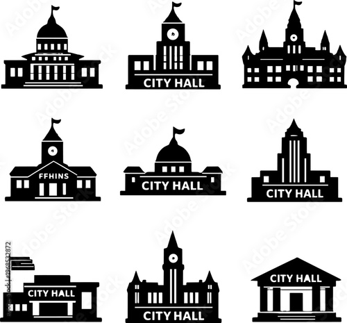 city hall building icons set in black silhouette