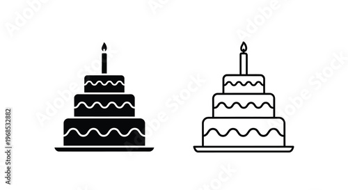 Two tiered birthday cakes with lit candles simple black and white icons