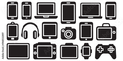 electronic devices silhouettes set including smartphones tablets laptops desktop camera headphones smartwatch and game controller black icons