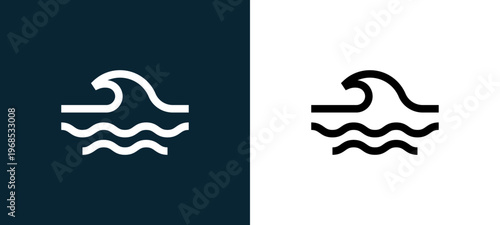 Two-color wave outline icon pair in black and white, editable stroke vector illustration for web, mobile apps, UI design, branding, and print from water park