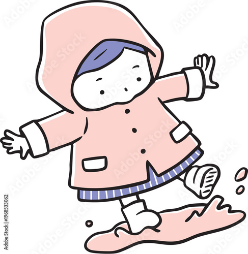カッパを着て水たまりで遊ぶ女の子_2色