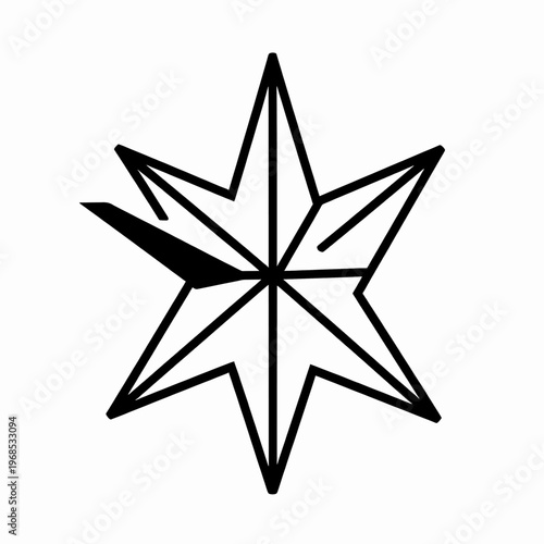Minimalist black and white eight-pointed nautical star vector illustration, geometric wind rose icon with sharp symmetrical points and clean lines, isolated compass rose graphic on white background.