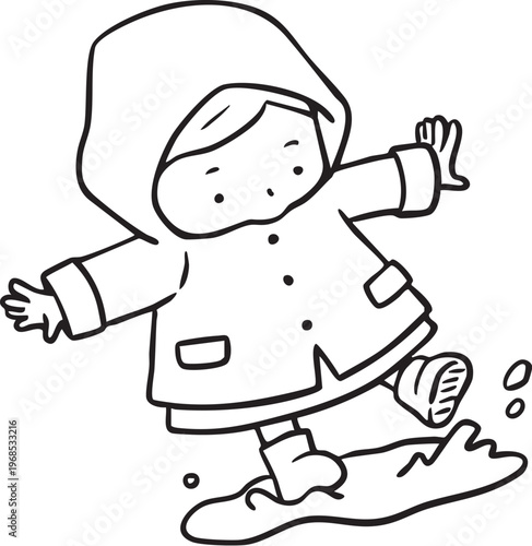 カッパを着て水たまりで遊ぶ女の子_線画