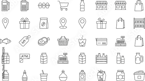 Grocery Store Line Icon Set Featuring Shopping Cart Milk Bottles Food Products Price Tags and Retail Symbols