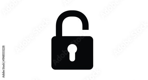 Simple black and white icon depicting an open padlock on a white background