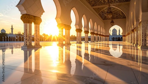 A grand, ornate hall with arched columns reflecting a warm, golden sunrise, leading towards a dome and minaret