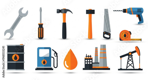 Set of Industrial Tools and Oil Industry Icons.